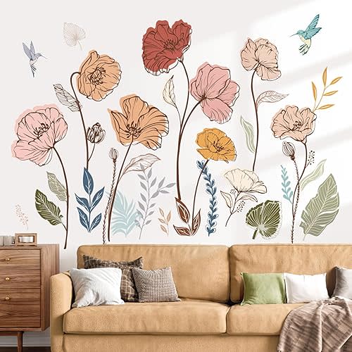 wondever Boho Flower Wall Stickers Floral Leaves Grass Peel and Stick Wall Art Decals for Living Room Bedroom TV Wall