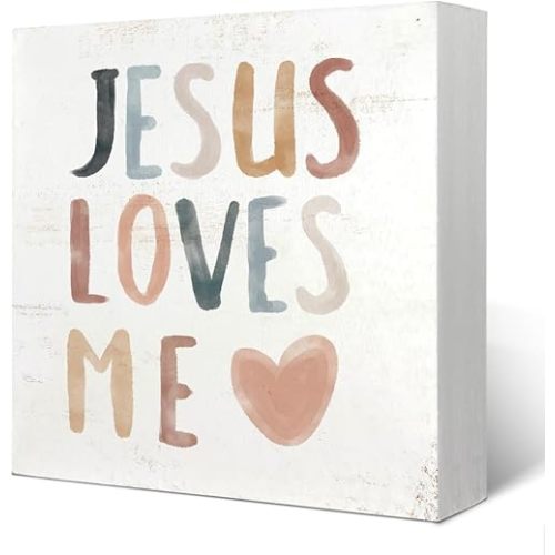 Boho Neutral Baby Girl Boy Nursery Decor - Jesus Loves Me Christian Wood Box Sign Desk Decor, Toddler Boy Girl Room Decor, Christian Desk Decor, Bible Verse Decor, 5x5