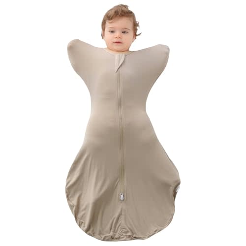 LOVABYLUCK Baby Transition Swaddle Baby Arms up Swaddle with 2-Way Zipper Baby Sleep Sack 0.5 TOG Khaki Small 0-3 Months