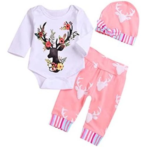 Infant Baby Girls Long Sleeve Deer Romper Pants Hat Outfits Winter Spring Bodysuit Set