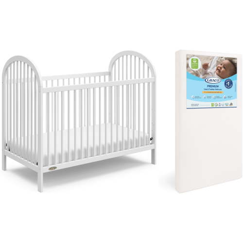 Graco Olivia 3-in-1 Convertible Crib and Premium Crib & Toddler Mattress Bundle, White