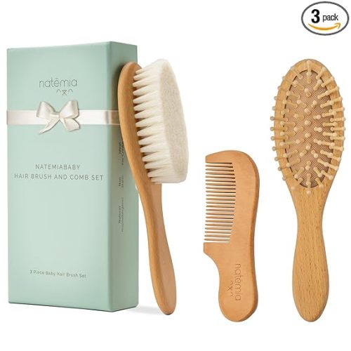 Natemia Wooden Baby Hair Brush & Comb Set - Natural Goat Hair Bristles & Soft Bristle Brush - Gentle Scalp Massage & Cradle Cap Comb - For Newborns & Toddlers, Baby Grooming Kit