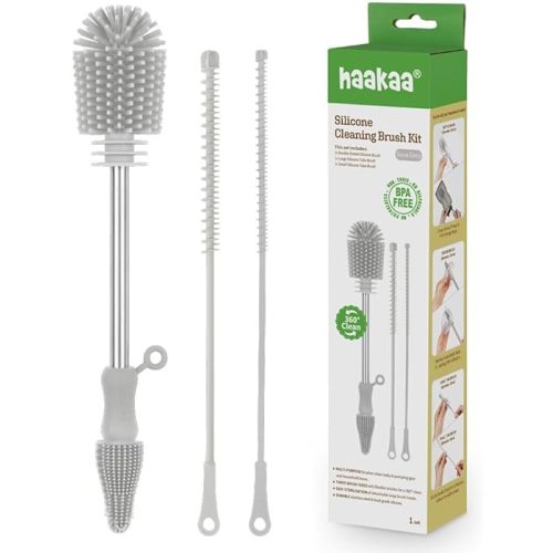 Haakaa Silicone Cleaning Brush Kit – Household Cleaning Brushes for Bottles and Crevices – Food-Grade Silicone: Dishwasher Safe (Kit-Grey)