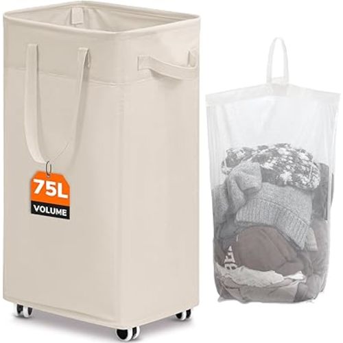 CHICVITA Collapsible Laundry Basket on Wheels 75L, Slim Laundry Hamper with Removable Wash Bag for Bedroom, Clothes Hampers for Laundry, Ivory