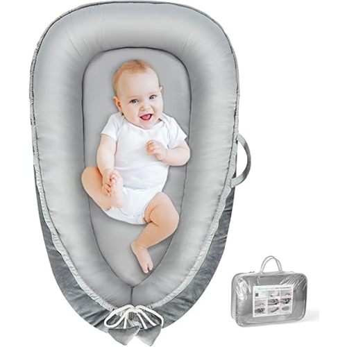 Baby Lounger - Baby Lounger for Newborn 0-24 Months, Breathable & Soft Cotton and Velvet Cover Baby Nest, Portable Cozy Infant Lounger for Home and Travel, Ideal Baby Essentials & Shower Gifts