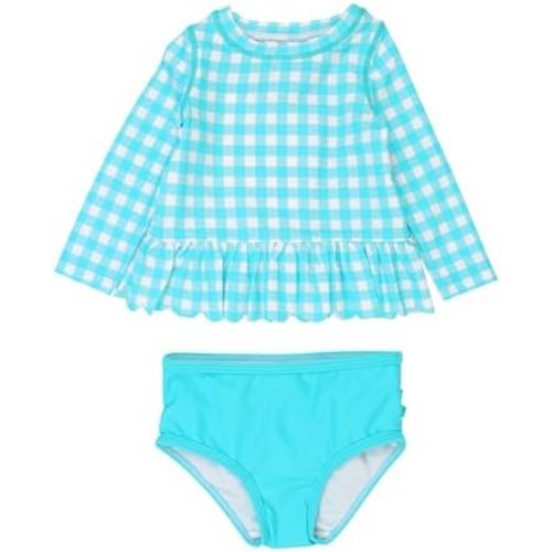 RuffleButts Baby/Toddler Girls Scalloped Long Sleeve Rash Guard 2-Piece UPF50+ Sun Protected Swimsuit