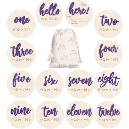 7 Pack 3D Baby Monthly Milestone Card Signs Baby Announcement Sign Double Sided Hello World Newborn Signs Wooden Circles Discs for Welcome Newborn Boy Girl Photo Props(Purple,Letter)