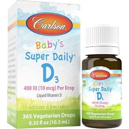 Carlson - Baby's Super Daily D3, Baby Vitamin D Drops, 400 IU (10 mcg) per Drop, 1-Year Supply, Vegetarian, Liquid Vitamin D Drops for Infants and Toddlers, Unflavored, 365 Drops