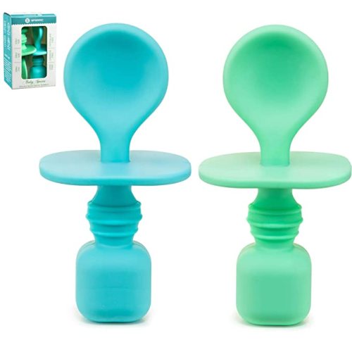 Silicone Baby Spoons for Baby Led Weaning 2-Pack, First Stage Baby Feeding Spoon Set Gum Friendly BPA Lead Phthalate and Plastic Free, Great Gift Set (Blue)