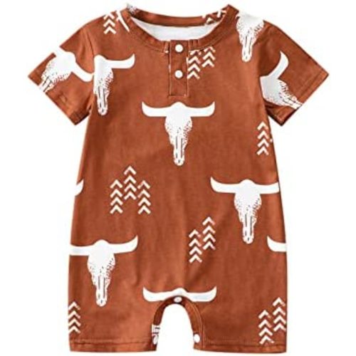 Baby Boy Girl Western Clothes Romper Short Sleeve Bodysuit Cow Print Onesie Playsuit Ribbed Jumpsuit Summer Outfit