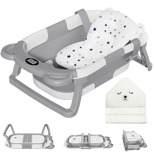 MoreFeel Collapsible Baby Bathtub for Newborn with Thermometer & 1 Hooded Towel & 1 Soft Floating Cushion,Portable Travel Bathtub with Drain Hole, Durable Foldable Baby Tubs for Infants to Toddler - Bear like - Grey