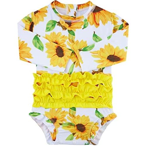 UNICOMIDEA Baby Girls Swimsuit Long Sleeve Ruffles Rash Guard UPF 50+ One Piece Swimwear for 3-24 Months Toddler