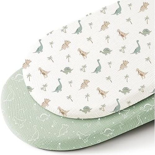 Konssy Muslin Bassinet Sheets for Baby Girl Boy, 2 Pack Soft Breathable Baby Bassinet Mattress Sheets Fit for Hourglass Oval Cradle, Moses Basket Rectangle Mattress (Dino Jungle,Sage Dino)