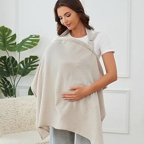 Muslin Nursing Cover for Breastfeeding, Breathable 100% Cotton Privacy Nursing Covers with Rigid Hoop for Mother Nursing Apron, Include Burp Cloths, Soft Arch Neckline Nursing Apron (Gray)