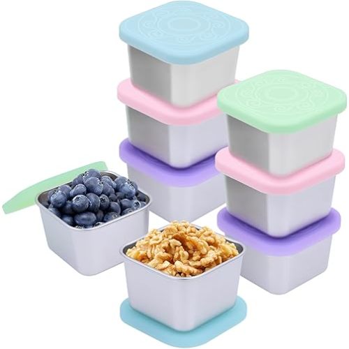 8 Pack Stainless Steel Snack Containers for Kids, 6oz Snack Box with Silicone Lids,Stackable Portable Small Food Storage Container for Picnic,Travel,School,Office,and Daycare