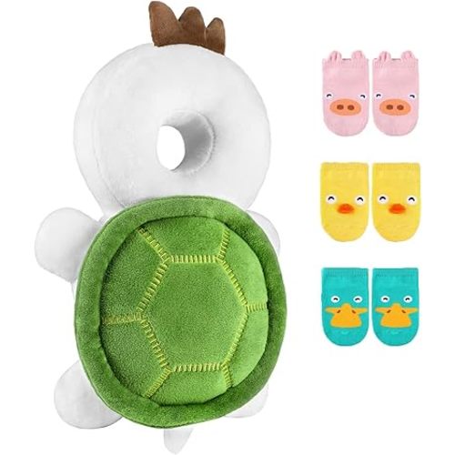 Baby Toddler Head Protector Backpack Head Safety Pad Adjustable Backpack Baby Head Protection with 3 Pairs Baby Socks for Infant Toddler & Walker Walking & Crawling Cute Tortoise WZ S4