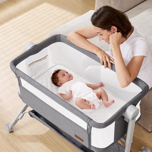 Bassinet Bedside Sleeper - All-Mesh Design, Portable Bedside Bassinet for Baby with Washable Mattress, 5 Adjustable Heights (Black)