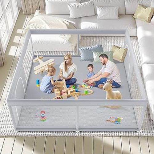 79" ×79" Extra Large Baby Playpen, Baby Playard for Babies and Toddlers, BabyFence Play Pens for Indoor & Outdoor, Sturdy Safety Play Yard with Soft Breathable Mesh, Anti-Fall, Grey