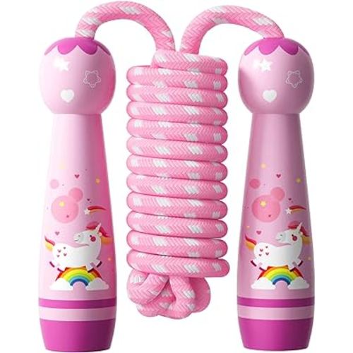 Jump Rope for Kids-Adjustable Cotton Braided Skipping Rope with Wooden Handle for Toddler Fitness Workout Exercise Outdoor Activity