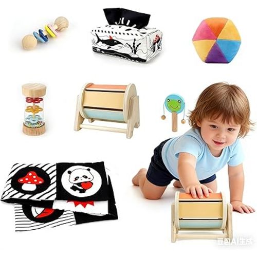 Montessori Toys 7 in 1 Learning Educational Set Newborn Toys, Rainbow Ball, Baby Black and White Books, Tissue Box Toy, Spinning Drum, Rattle Toy
