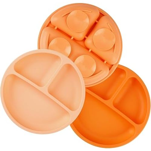 PandaEar 3 Pack Toddler Plates, Silicone Divided Suction Plate for Babies, BPA-Free 100% Food-Grade Silicone Unbreakable Baby Plate (Orange)