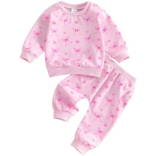 Kuriozud Toddler Baby Girl Outfit Clothes Fall Winter Bows Hearts Long Sleeve Sweatshirt Pullover Top and Pants Set