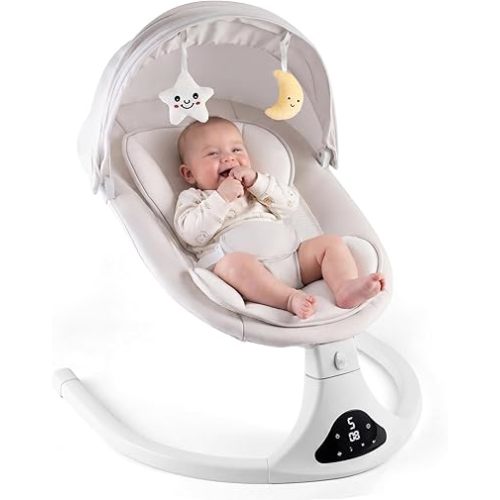 Electric Baby Swing with Remote Control - 5 Natural Motion Speeds, Detachable Seat Pad | Portable Infant Swing for Indoor/Outdoor Use (0-12M, 20lbs) (Grey)