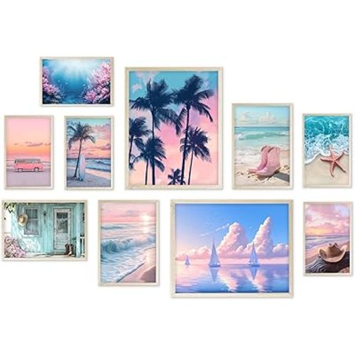 Eastern Print Beach Side Wall Art Prints, Set of 10 PCS Coastal Cowgirl Room Decor Aesthetic Ocean Posters, Coastal Granddaughter Blue Gallery Decor, Seascape Tropical Summer Beachy Pictures Unframed