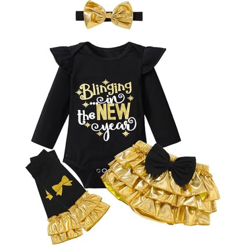 DONWEN New Years Baby Girl Outfit 2024 Bling In New Year Ruffed Romper + Tutu Skirts + Leg Warmers + Headband 4pcs Outfit Set