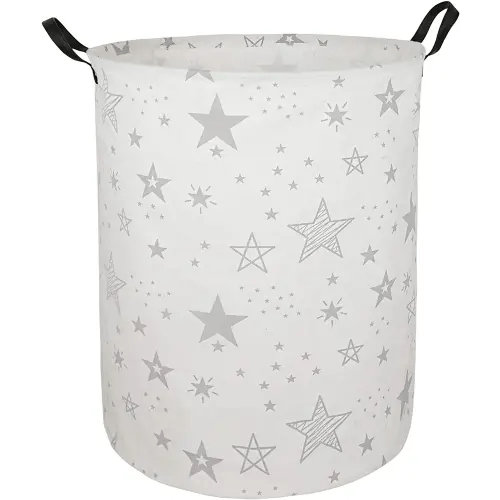 ACMUUNI 19.7" Round Canvas Large Clothes Basket Laundry Hamper with Handles,Waterproof Cotton Storage Organizer Perfect for Kids Boys Girls Toys Room, Bedroom, Nursery,Home,Gift Basket(Grey Star)