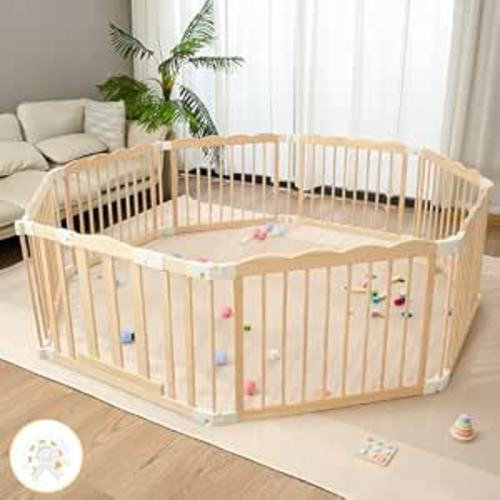 Wooden Baby Playpen 69x69 Inch Foldable Toddler Fence with Safety Lock | HUTOCADA Extra Large Natural Wood Foldable Baby Playpen for Babies and Toddlers 8 Panels