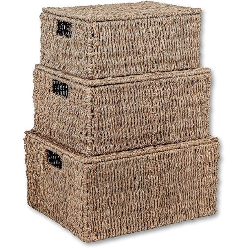 Trademark Innovations Set of 3 Rectangular Seagrass Baskets with Lids, Natural (Large)