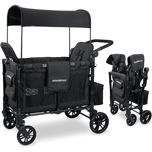 WONDERFOLD W2 Elite Stroller Wagon (2 Seater) - Collapsible Wagon Stroller with Seats with 5-Point Harnesses, Adjustable Push Handle, and Adjustable Sun Canopy, Elite Black
