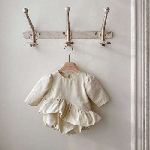 Baby Monbebe S25 Tie Back Unbalanced Ruffle Balloon Dress CREAM 6-12MONTHSE