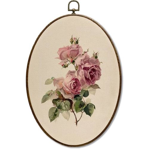 JQF Vintage Antique Pink Rose Oval Wall Art, Spring French Botanical Oval Canvas Wall Art, Rustic Cottagecore Floral Framed Prints Hanging Decor for Home Bedroom Living Room, 8.5x11.5 Inch