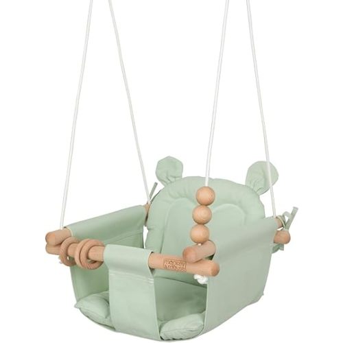 Monkey & Mouse Baby Swing, Pale Green Indoor Outdoor Portable Hanging Chair - Infant & Toddler Kids 6 Months - 4 Years, Cotton Canvas & Beech Wood Frame, Sensory Hammock Boy & Girl Seat w/Wooden Toys