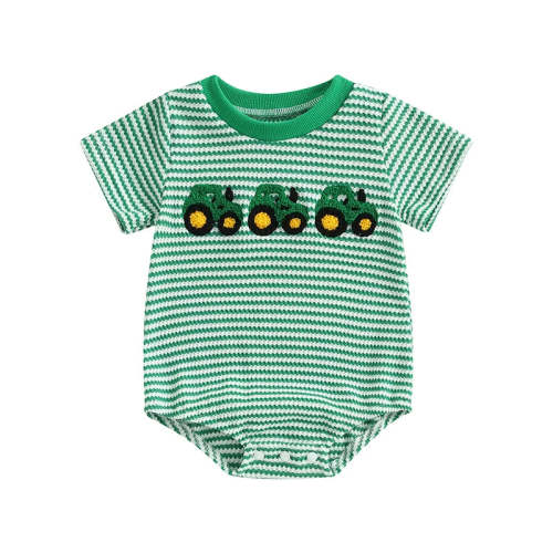 3-6month Baby Boys Romper Tractor Embroidery Stripe Short Sleeve Jumpsuit Sprin – August + Willow
