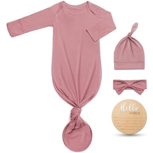 Hello World Newborn Knotted Gown 0-3 Months, Coming Home Outfit Baby Bamboo Viscose Sleeper with Hat,Headband,Wooden Sign