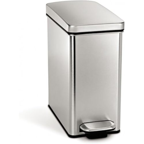 simplehuman 10 Liter / 2.6 Gallon Stainless Steel Bathroom Slim Profile Trash Can, Brushed Stainless Steel