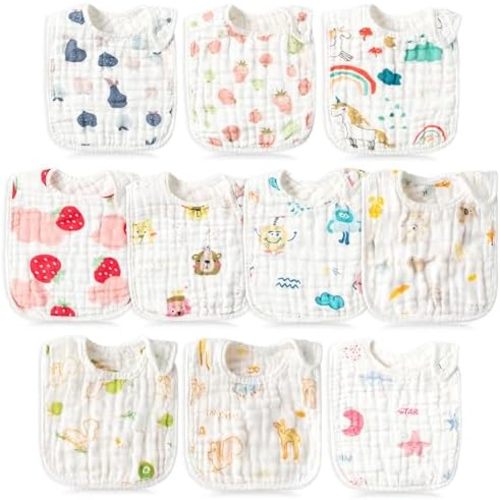 BUoonyer 10pcs Snap Muslin Cotton Bibs, Baby Bandana Drool Bibs, Adjustable Soft Absorbent Cotton Scarf
