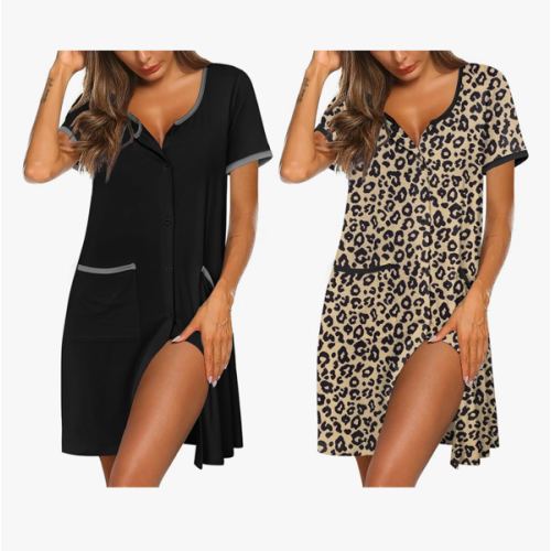 Ekouaer Nightgowns for Women 2 Pack Button Down Sleep Shirts Short Sleeve Nightshirt Sleepwear House Dress with Pockets