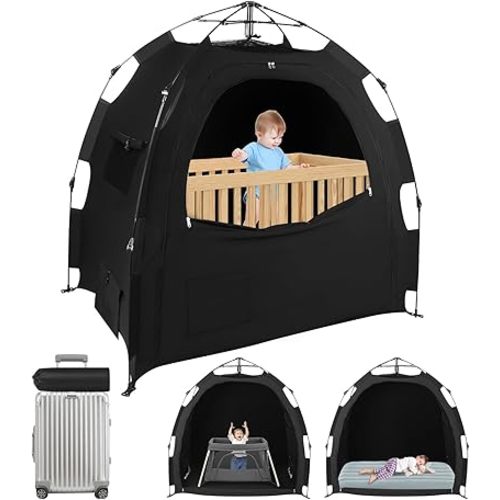 Blackout Tent for Pack N Play: Portable Baby Sleep Pod with 1-Click Setup, Mini Crib Cover with Monitor and Fan Pouches, Blocks 95% of Light, Travel Crib Canopy