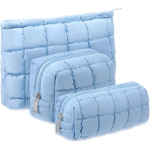 BLUE - 3 Pcs Puffy Organizer Bags Quilted with zipper
