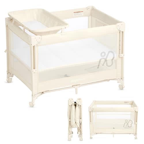 ANGELBLISS Baby Bassinet Bedside Crib, Pack and Play with Mattress, Diaper Changer, One-Push Setup Playards from Infants to Toddlers (Beige)