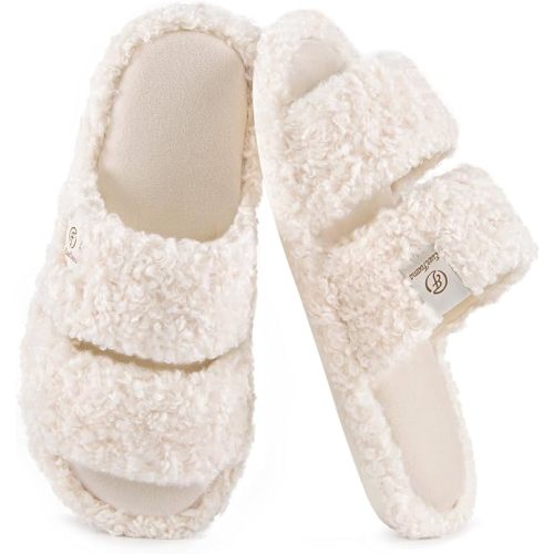 EverFoams Women's Fuzzy Open Toe Slippers Comfy Soft Memory Foam Indoor House Shoes