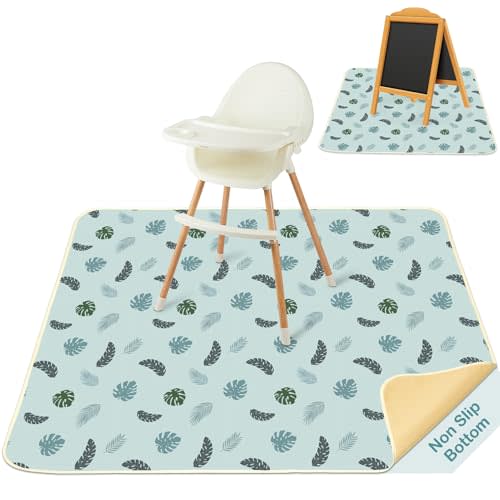 BeBeJoJo Baby Splat Mat for Under High Chair 51 x 51 Inch Large Waterproof High Chair Mat with Non Slip Bottom Food Catcher for Highchair Boy Girl Mat for Floor Machine Washable, Blue Leaves