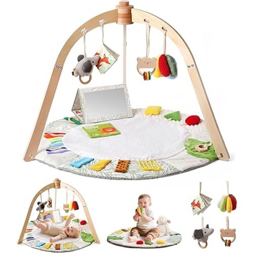 Wooden Baby Play Gym & Tummy Time Playmat – Montessori Sensory Activity Mat with 6 Developmental Toys for Fine Motor Skills – for Newborns to Toddlers (0–12M+)