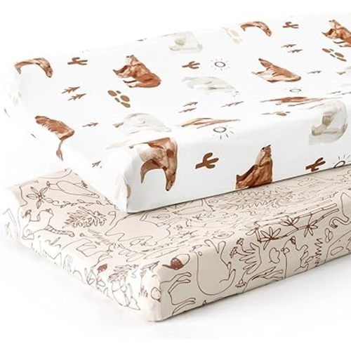 GRSSDER Stretchy Ultra Soft Jersey Knit Changing Pad Cover Set 2 Pack, Change Table Pad Covers Fit 32"/34" x 16" Pads Safe and Snug, Cute Diaper Changing Pad Covers of Sunny Bear Print