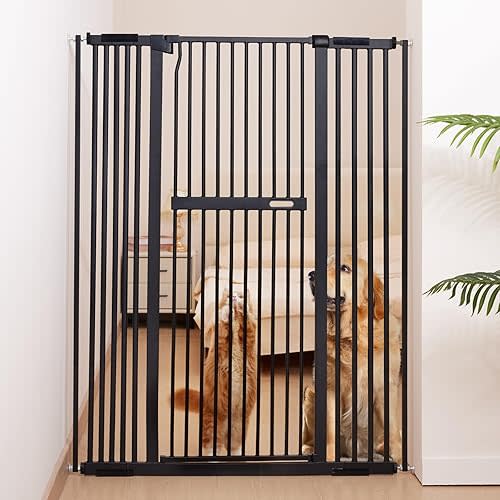 No Pawblems 55.1" Extra Tall Pet Gate for Cat/Dog, 29.9-44.4" Wide Auto Close Tall Cat Gate, NO Drilling Pressure Mounted for Doorways/Hallways, 1.37" Narrower Bar Spacing, Black