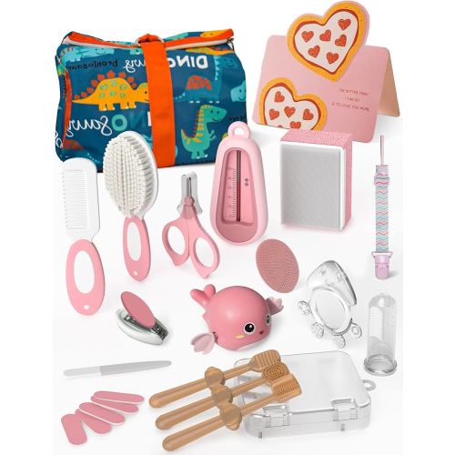 Baby Healthcare & Grooming Kit Newborn Girl Boy, Safe Baby Bath Toy Newborns Essentials, Silicone Baby Toothbrush, Oral Care for Infant Baby Registry Search, Brush Comb Set Gift, Pink
